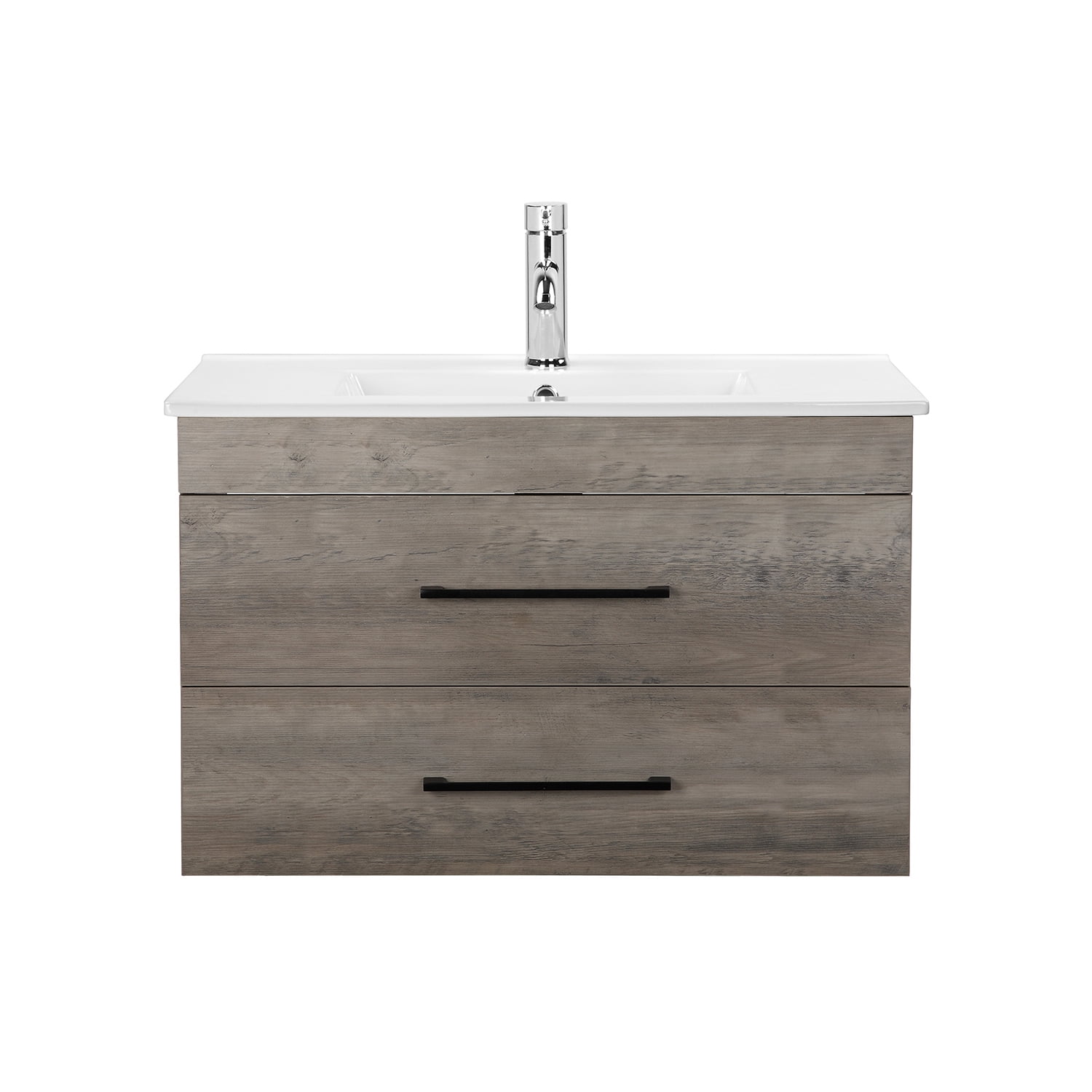 Demi Bonn 32" Wood Grain Wall-Mounted Bathroom Vanity with Ceramic Sink and 2 Soft-Close Drawers, Faucets and Drains Not Included, Gray