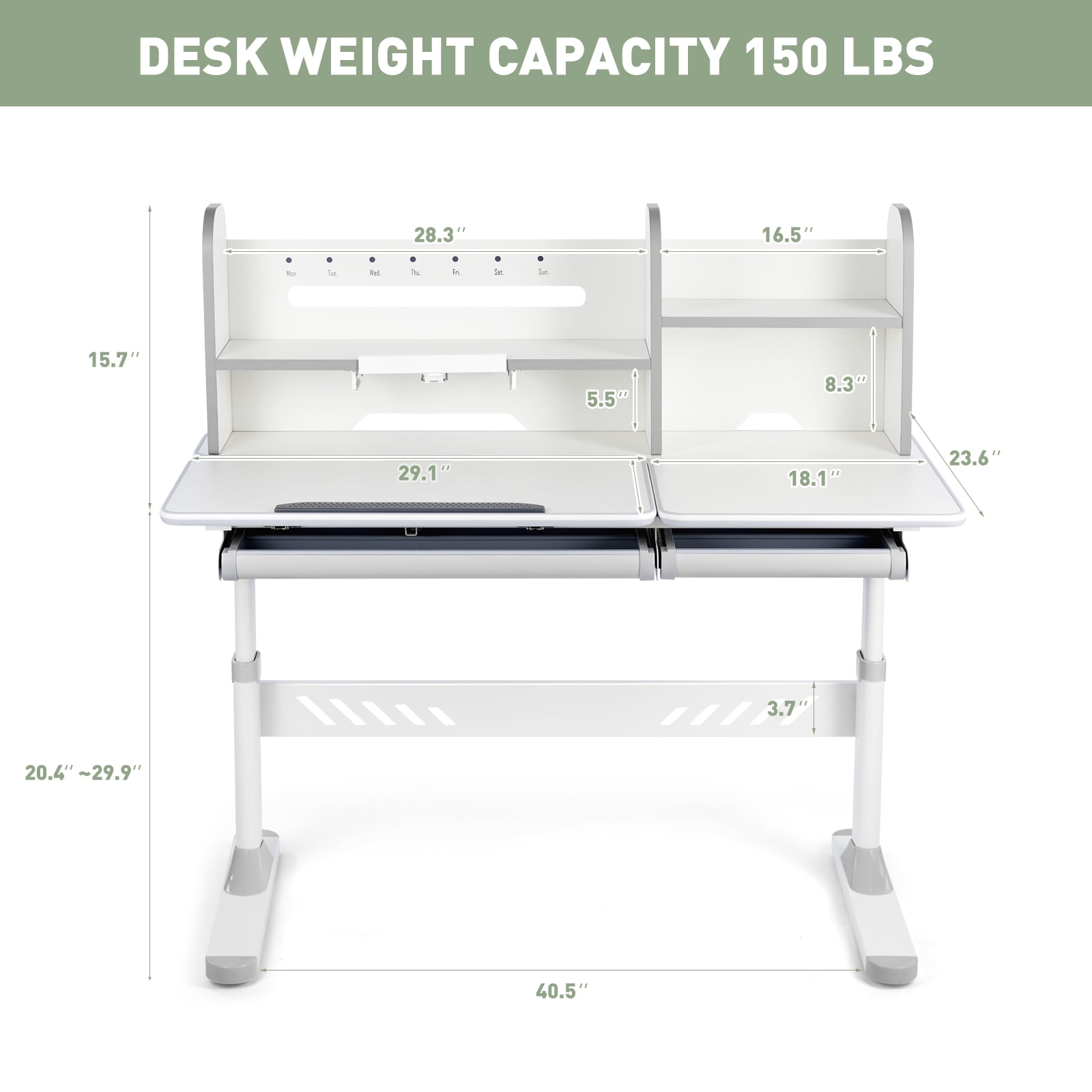 COSVALVE Height Adjust Kids Study Desk Home/School with Bookstand & Drawers,Multifunction 40" Wide Table Tilt Desktop,for Girls Boys(Gray)