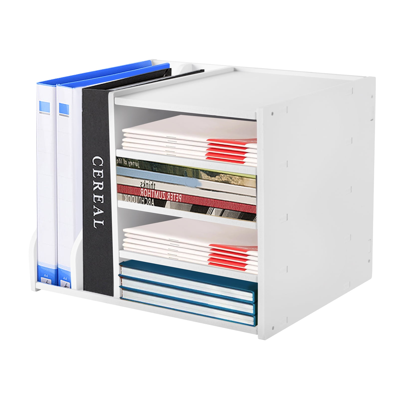 4 Tier Desk Organizer for Office, Desktop Storage Cabinet File Holder with 2 Side Storage Cabinets, Storage Organizer Filing Case for Office Bedroom Home, (White)