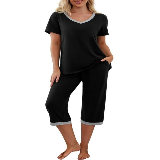 Ensemble de Pyjama pour Femmes, Chemise à Manches Courtes et Pantalon Capri, Tenue de Nuit, Ensembles de Pjs, Tenue de Nuit Douce
