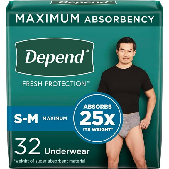 Depend Fresh Protection Male Comfort Fit Disposable Incontinence Underwear, Small/Medium, Maximum, 32 Count