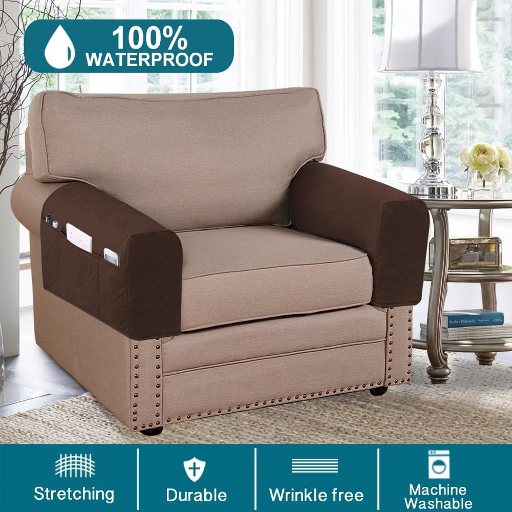 2 Pack Waterproof Armrest Covers for Chairs and Sofas Armrest Covers Couch Arm Covers for Sofa with Side Pocket Anti-Slip Furniture Protector Washable Armrest Slipcovers(Brown)
