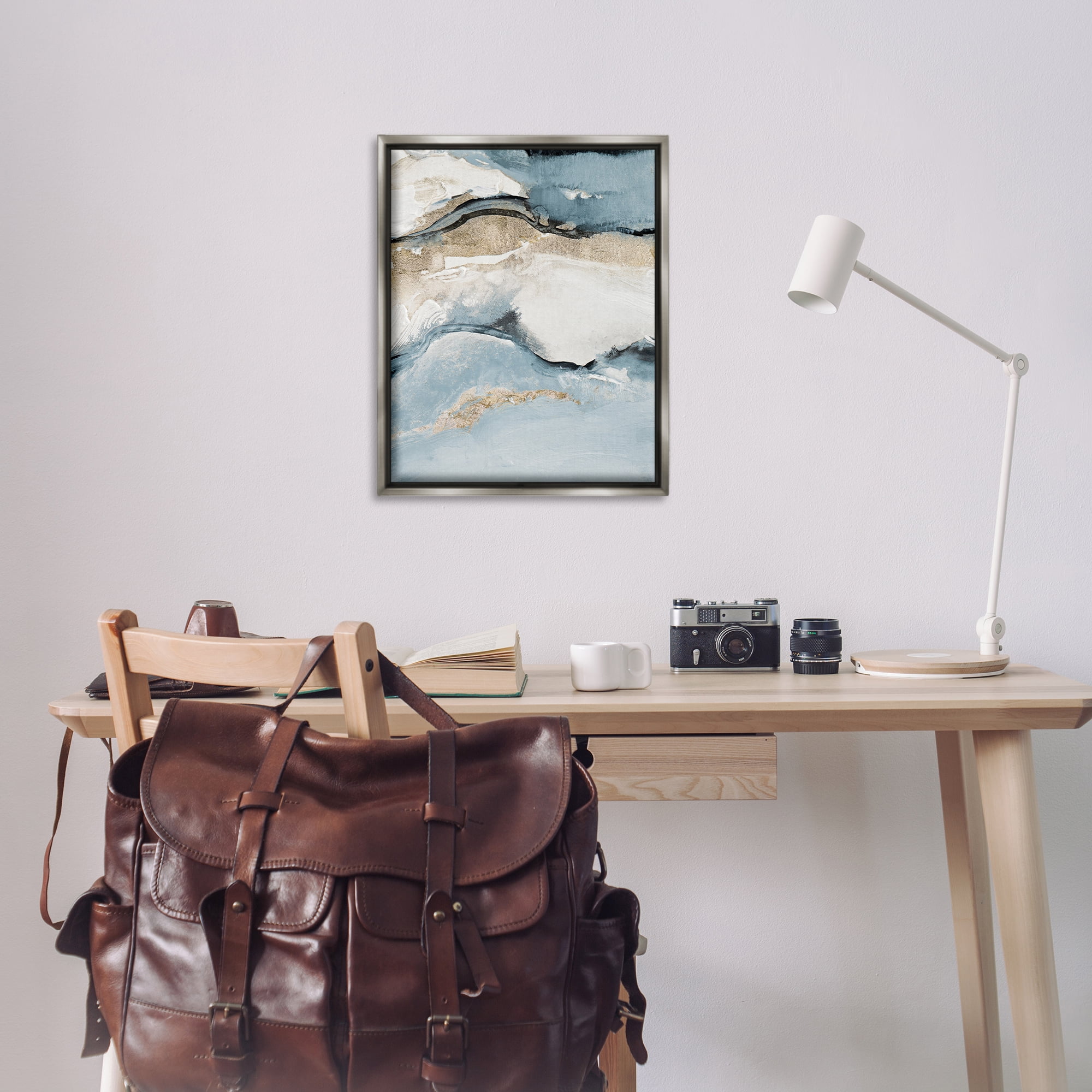 Stupell Industries Blue Organic Agate Pattern Abstract Painting Gray Floater Framed Canvas Art Print Wall Art, 25 x 31