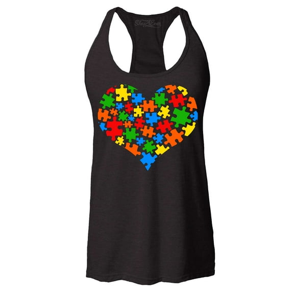 Shop4Ever Women's Puzzle Heart Support Autism Awareness Racerback Tank Top Medium Black