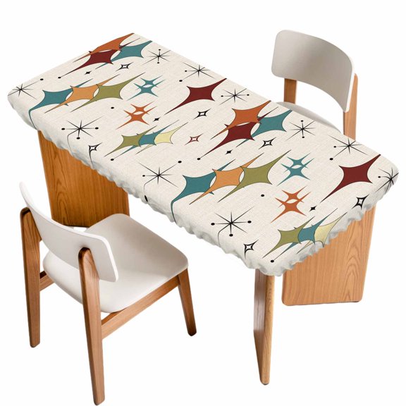 Yellow Green Diamond Table Cloths for 6 Foot Rectangle Tables, Modern Geometric Middle Century Beige Patio Waterproof Elastic Fitted Tablecloths, Washable Rectangular Table Cover for Camping