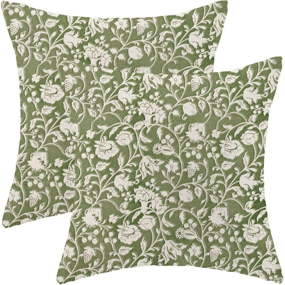 Floral Throw Pillow Covers 20x20 Set of 2, Flower Print Linen Decorative Pillow Cover Neutral Vintage Decoration Outdoor Cushion Cover Sage Green Floral Pillowcase for Sofa Couch Farmhouse Room