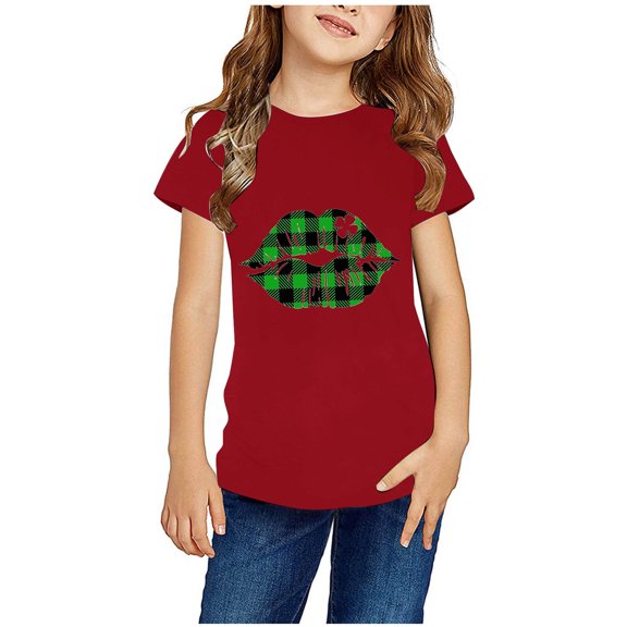 Piuwrlz Short Tops Sleeve Shirts for Girls Printed Round Neck Tops Shirt Undershirts Red Size 7 Years