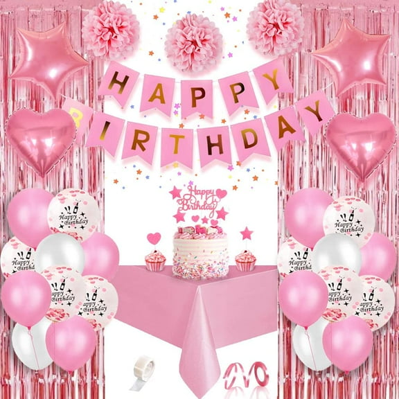 AOWEE Pink Birthday Decorations, Pink Birthday Balloons Arch Kit with Happy Birthday Banner Heart Star Foil Balloons Tassel Tablecloth Cake Topper for Girls Birthday Party Baby Shower
