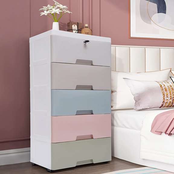 Miumaeov Plastic Drawers Dresser with 5 Drawers 17.72 x 11.81 x 33.07inches Candy Colors Tower Closet Organizer with Removable Wheels and Lock for Apartments Condos and Dorm Rooms