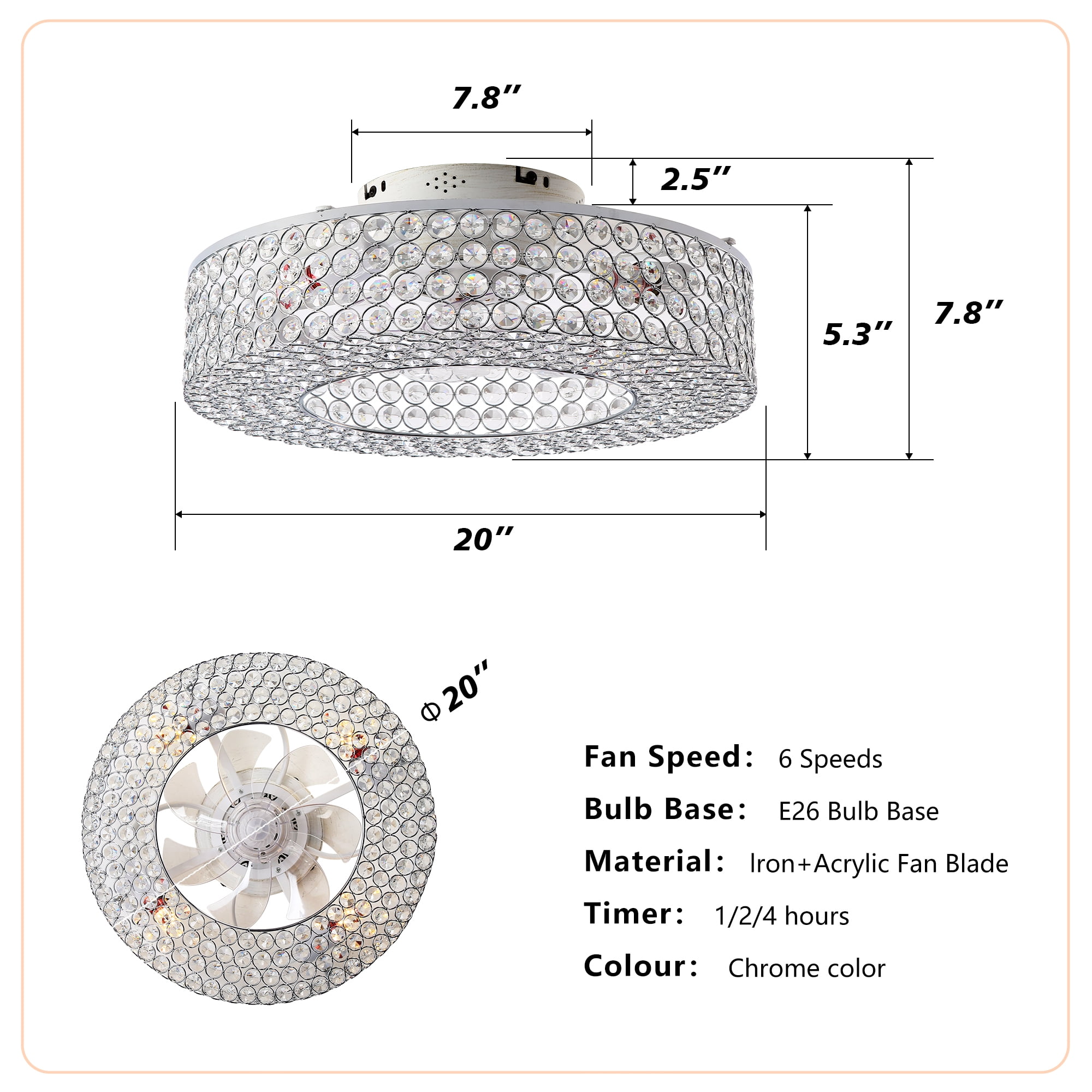 Leumius 19.6" Crystal Ceiling Fans with Light and Remote Control, Chandelier Fan 6 Speed DC Motor Reversible Ceiling Fan for Living Room Bedroom (NOT Included Bulbs)