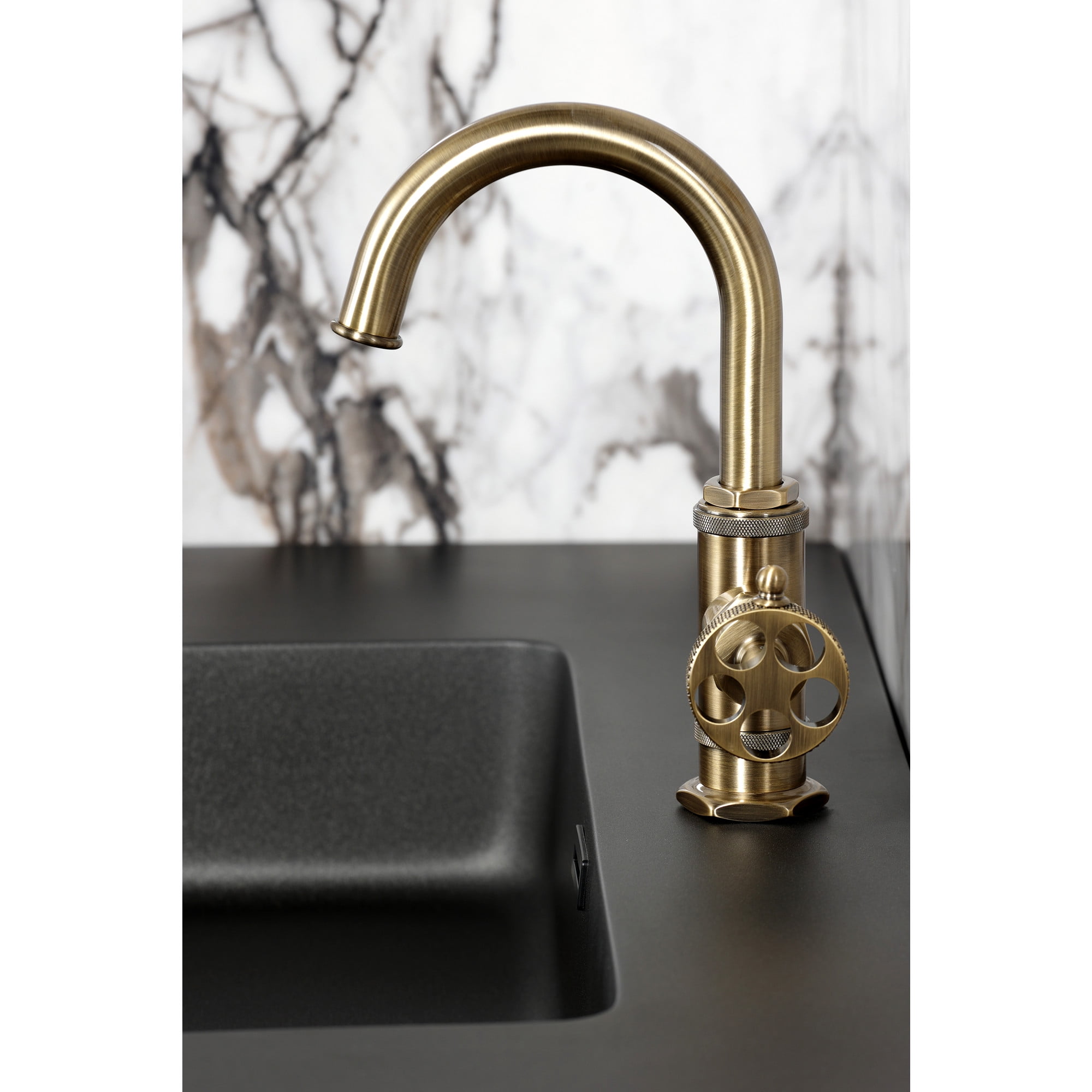 Kingston Brass KSD2213RKX Webb One-Handle 1-Hole Bathroom Faucet with Knurled Handle, Deck Plate, and Push Pop-Up Drain in Antique Brass