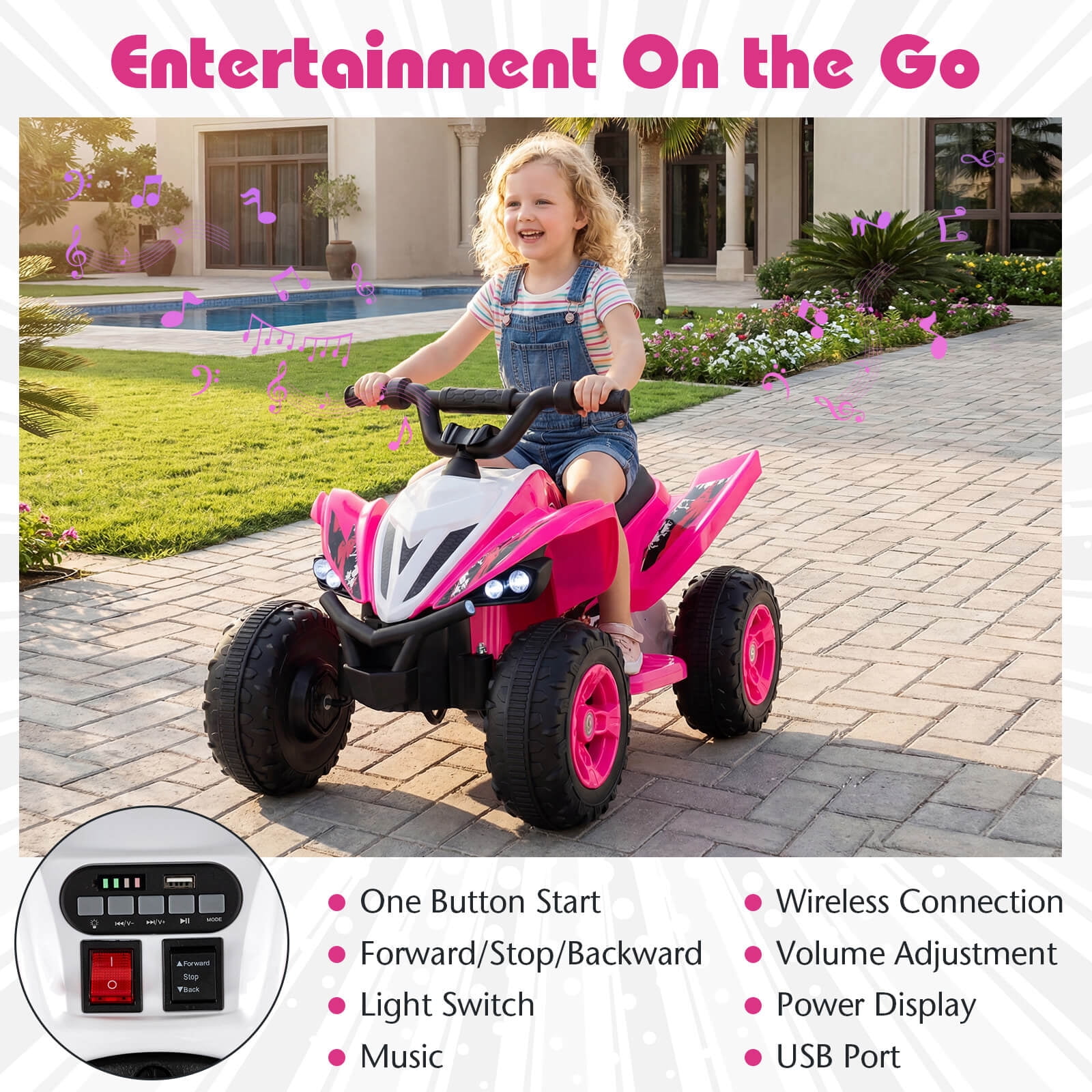 Infans 12V Quad 4 Wheeler Ride on Toy with Music, Light, USB Port, Wireless Connection