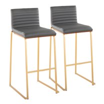 LumiSource Gold Metal, Walnut Wood, Grey PU Mason Mara 30" Fixed-Height Barstool - Set of 2