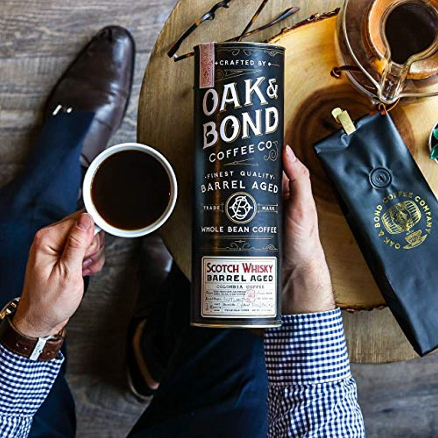 Scotch Whisky Barrel Aged Coffee - Whole Bean Coffee, Colombia Medium Roast Coffee Aged in Scotch Whisky Barrels by Oak & Bond Coffee Co. - 10 oz