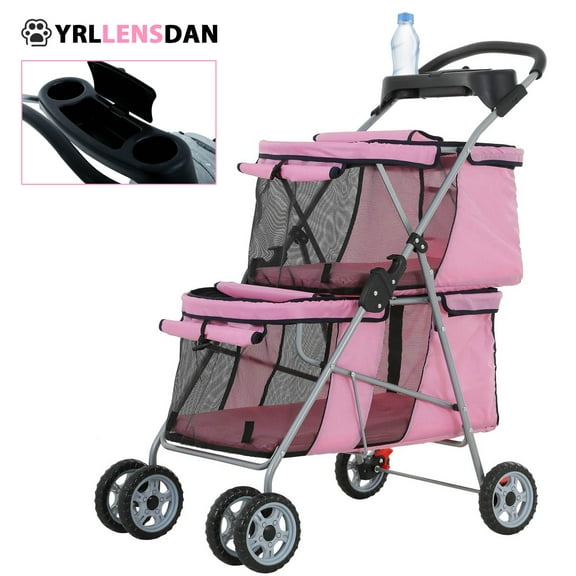 YRLLENSDAN Double Dog Stroller for Small Medium Dogs 10 lbs 30 lbs Double Cat Stroller for 2 Cats Portable Foldable Pet Stroller for 2 Dogs with Bottle Holder and Storage bag,Pink