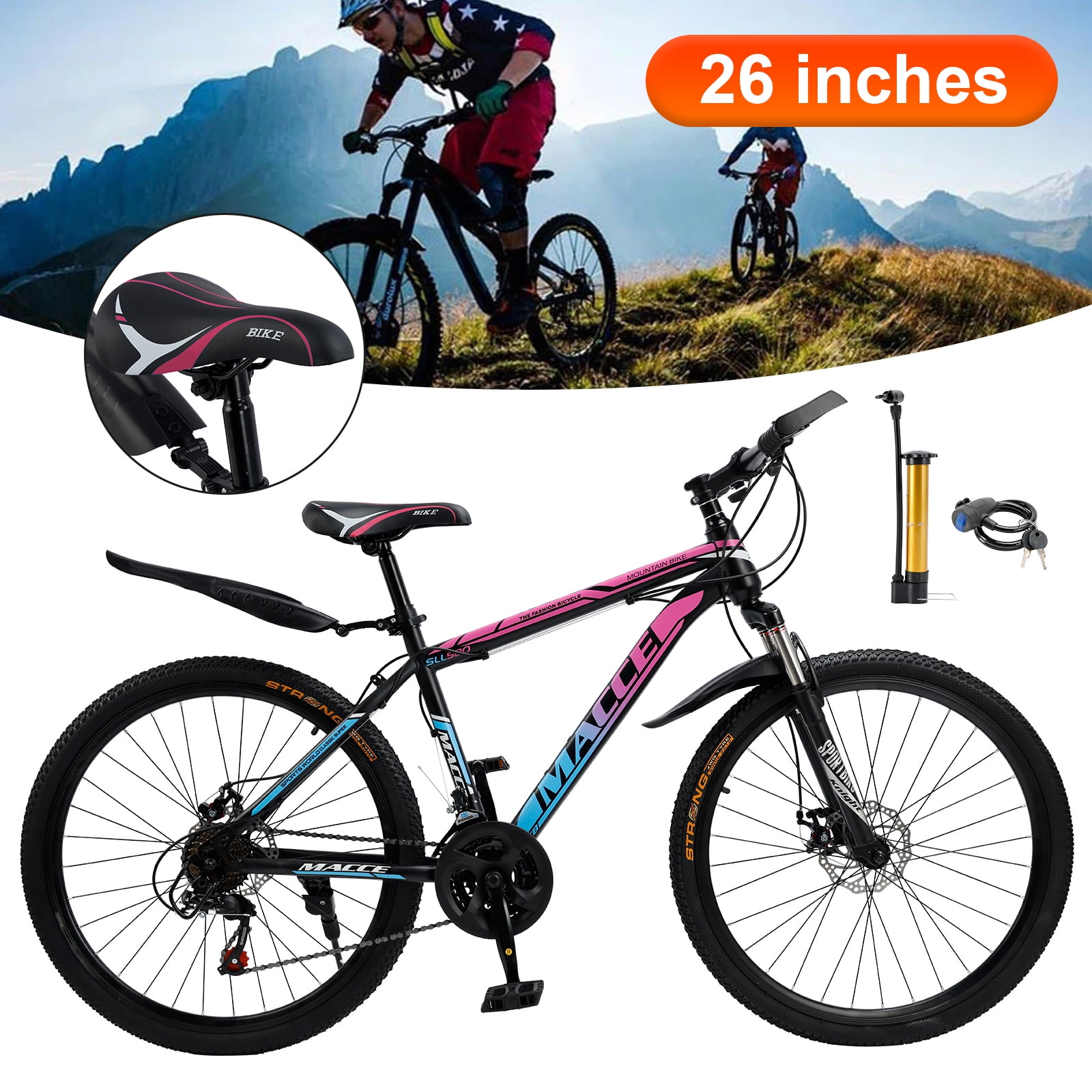 26" Spoke Wheel 24 Speed Mountain Bicycle Adult Bike MTB w/ fender Blue & Pink