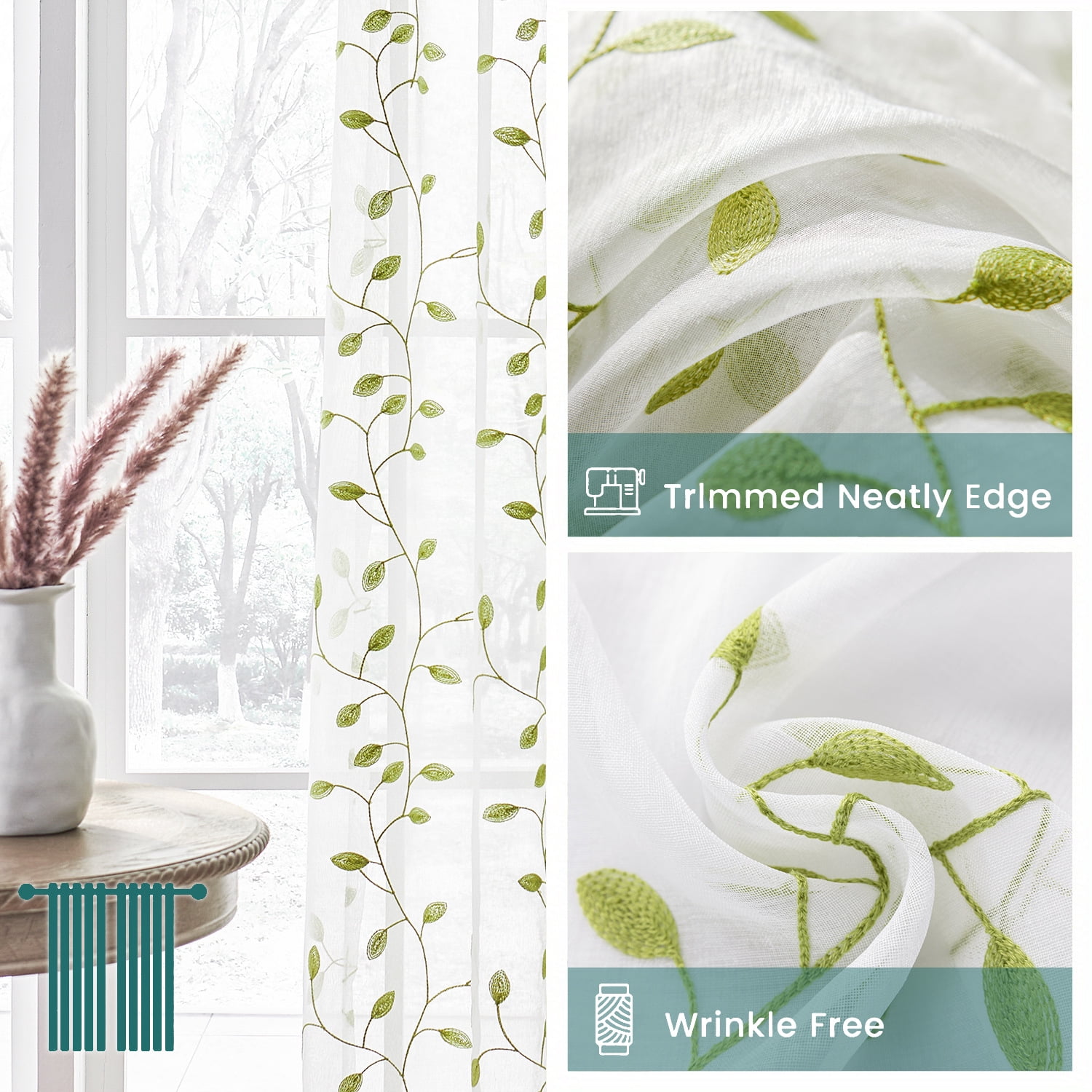 Sunyuer Green Leaves Short Sheer Curtains Green Leaf Embroidery Bedroom Curtain Rod Pocket Voile Faux Linen Embroidered Leaves Curtains for Living Room, 52W X 84L inch, Set of 2 Panels, Green