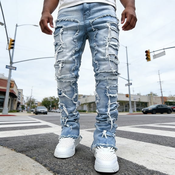 Men's Straight Leg Stretch Jeans | Light Wash Distressed Frayed Denim | Ripped Detail | 4-Way Flex | Standard & Big & Tall Sizes | Trendy Streetwear Jeans for Men