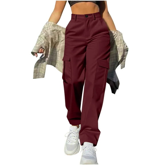 Fmbrln Womens Plus Size Cargo Pants Fashion Button Elastic Waist Multipockets Straight Leg Pants Casual Solid Work Pants Wine XL