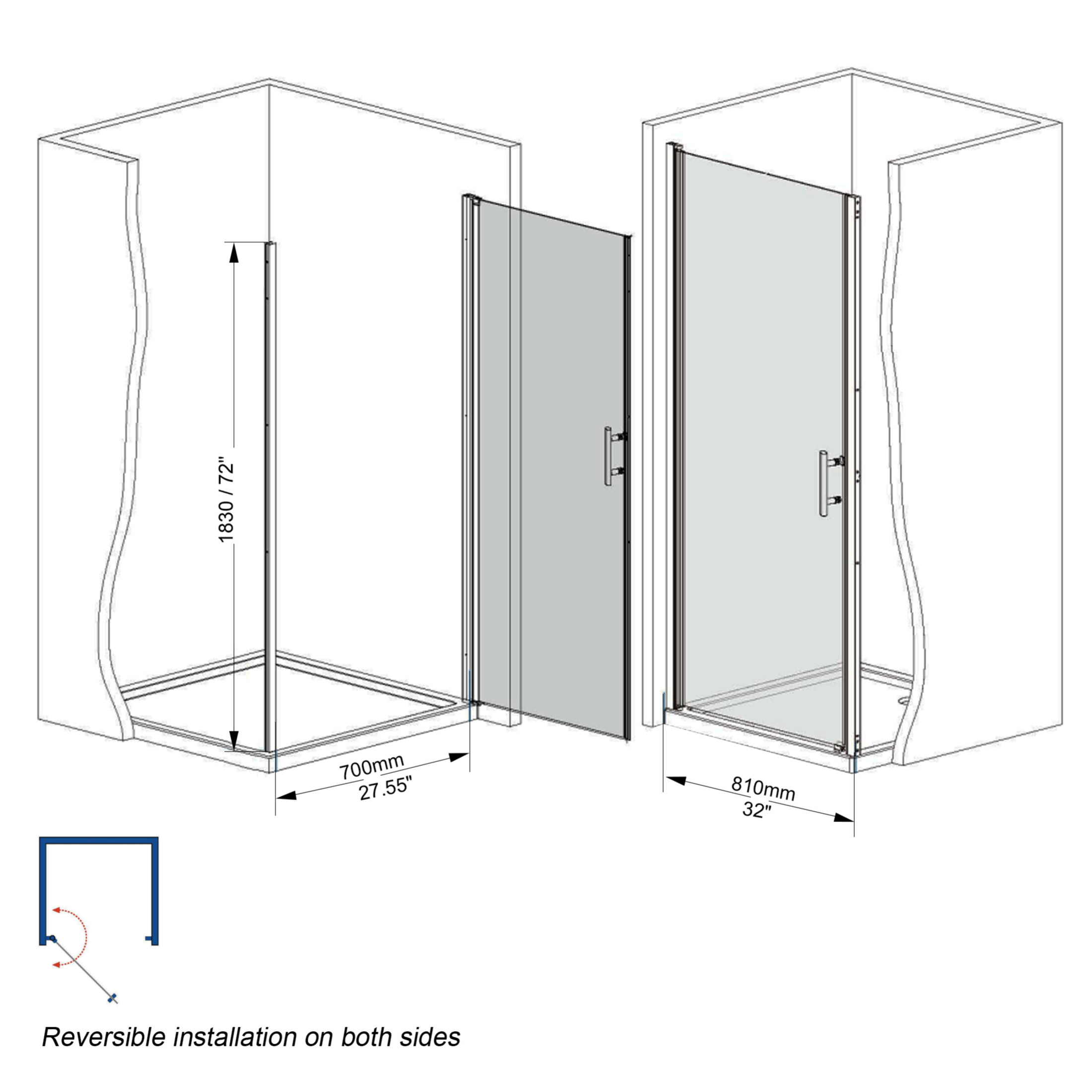 Noble House 32"x72" Pivot Shower Door, Aluminum Frame with Tempered Glass, Matte Black Finish