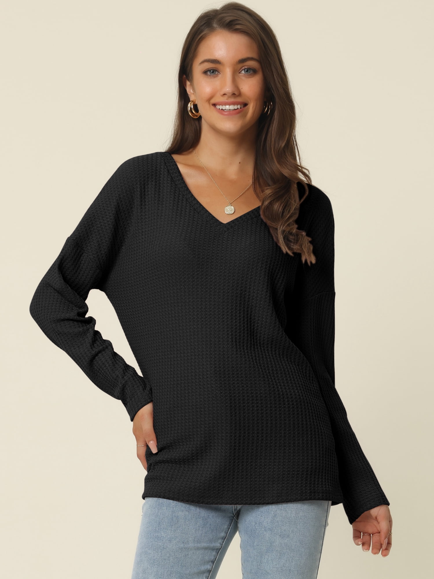 Women's Waffle Knit V Neck Long Sleeve Casual Blouse Lightweight Top XL Black