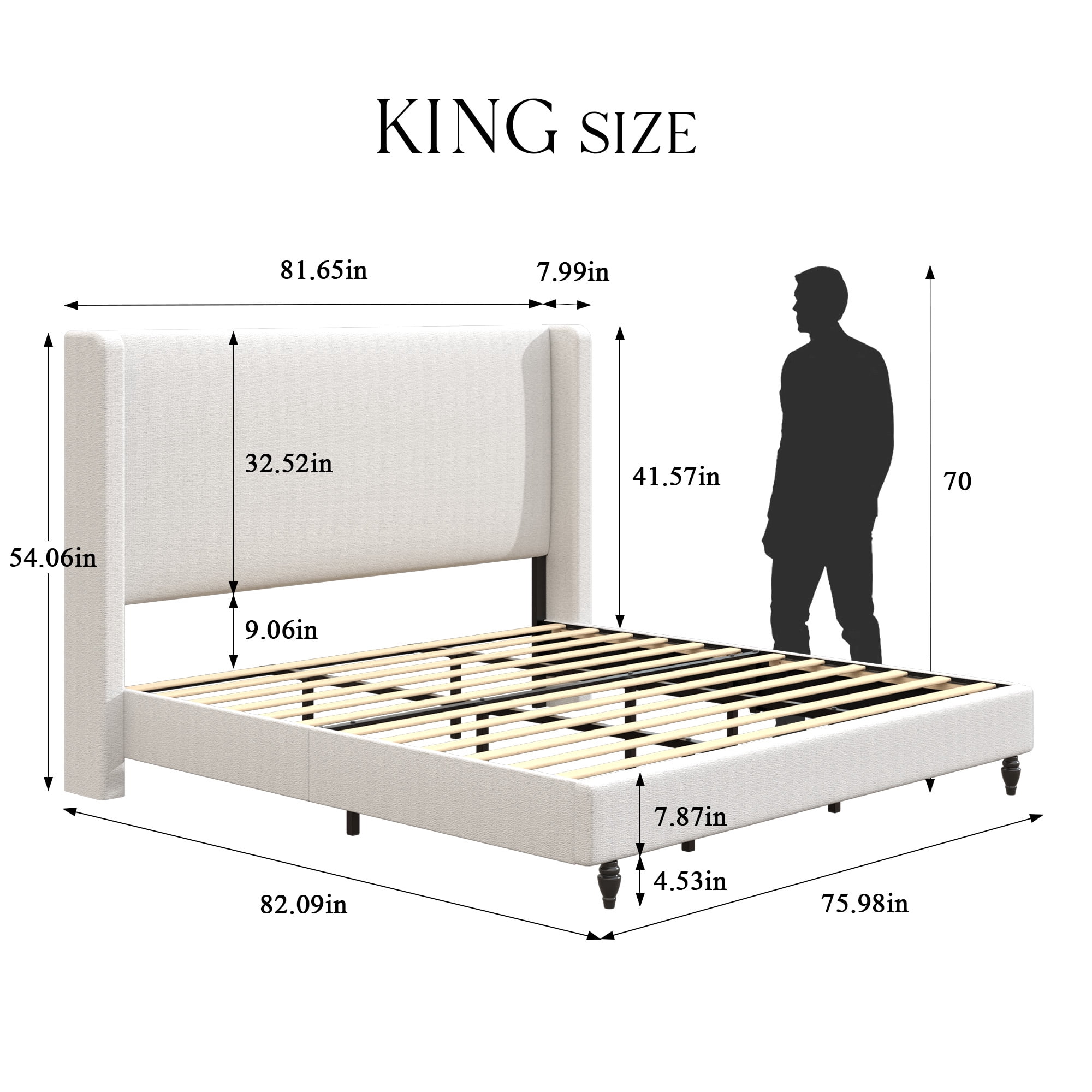 Gewnee King Size Platform Bed Frame with Upholstered Wingback Headboard, Solid Wood Legs, Wooden Slats & Sturdy Metal Support, Noise‑Free, No Box Spring Needed, Modern Bedroom Furniture, Beige