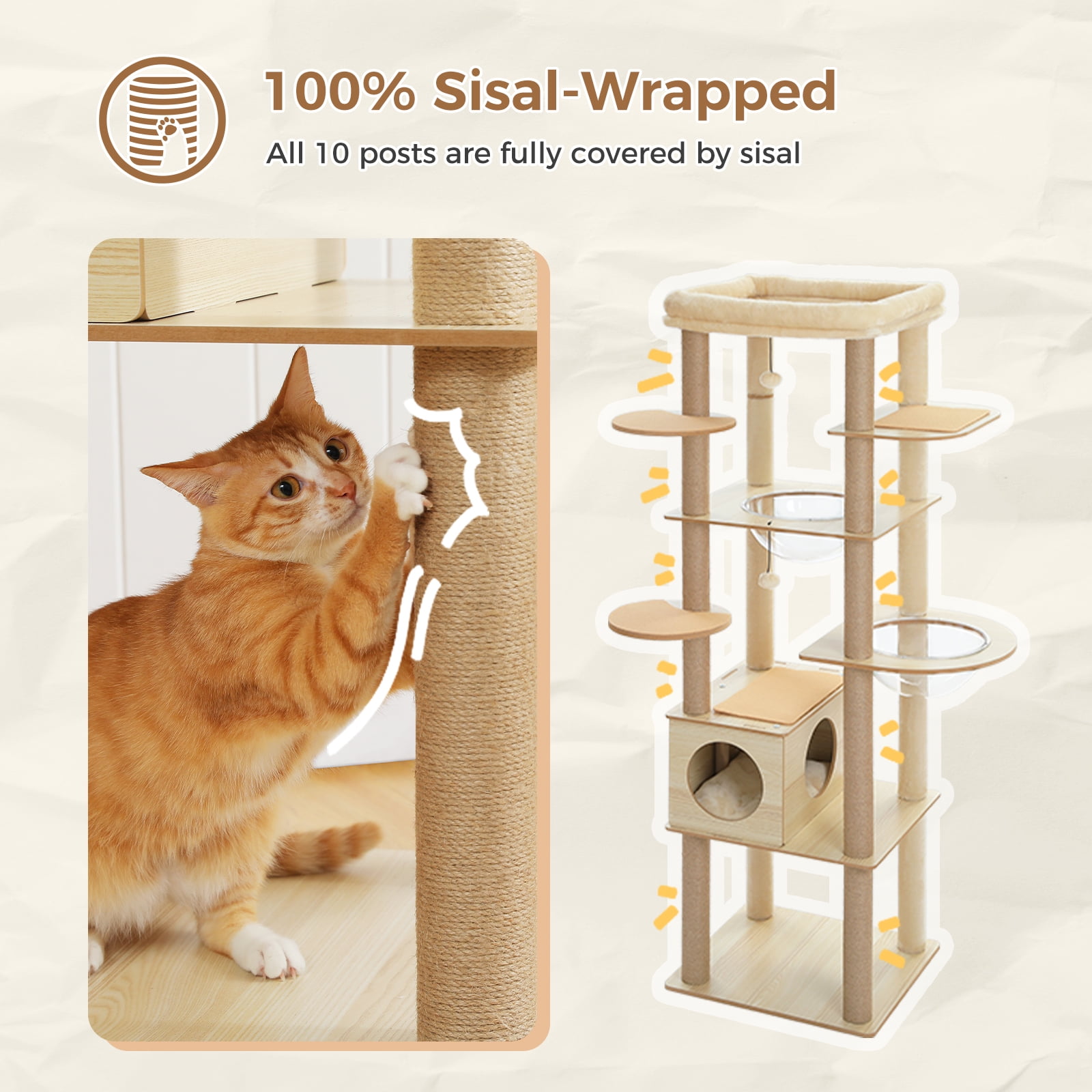 PEQULTI 71" Wood Cat Tree Large Cat Tower with Acrylic Bowl & 10 Sisal Scratching Posts Beige Indoor