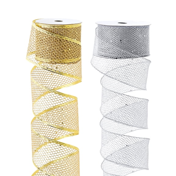 PH 19.6 Yards Gold Silver Glitter Mesh Wired Ribbon Sparkling Mesh Ribbon 2.5 inch Mesh Net Wired Ribbons