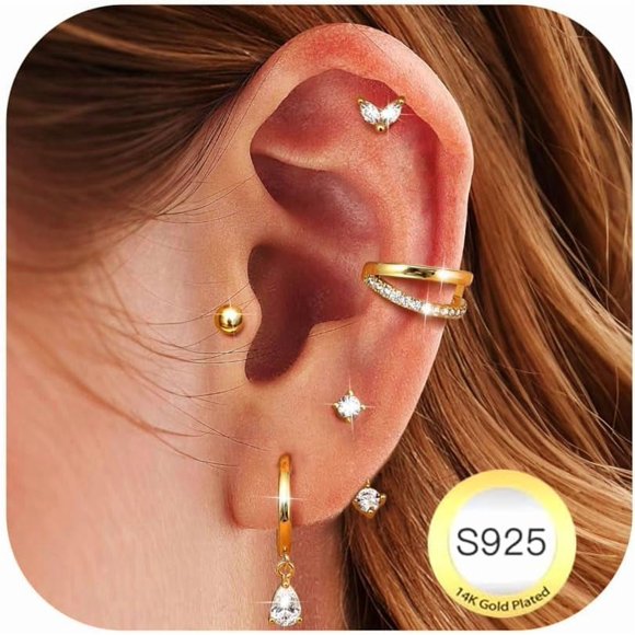 5 Pairs Sterling Silver Earrings for Women 14K Gold Plated Earrings Stack Hypoallergenic Small Silver Studs Hoop Earring Sleeper Cartilage Earring Sets for Multiple Piercing