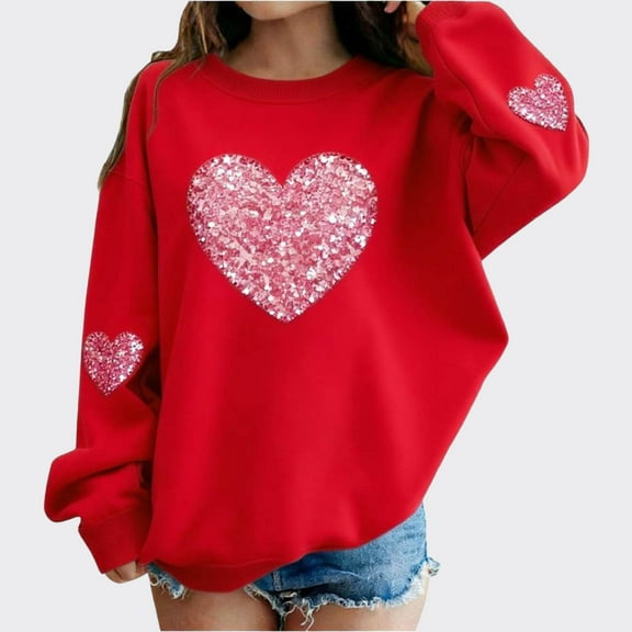 Girls Kids Red Sequin Heart Sweatshirt - Soft Oversized Stretch Long Sleeve Glitter Top, Valentine’s Day Casual Wear for Kids Teen,Size 1-2T