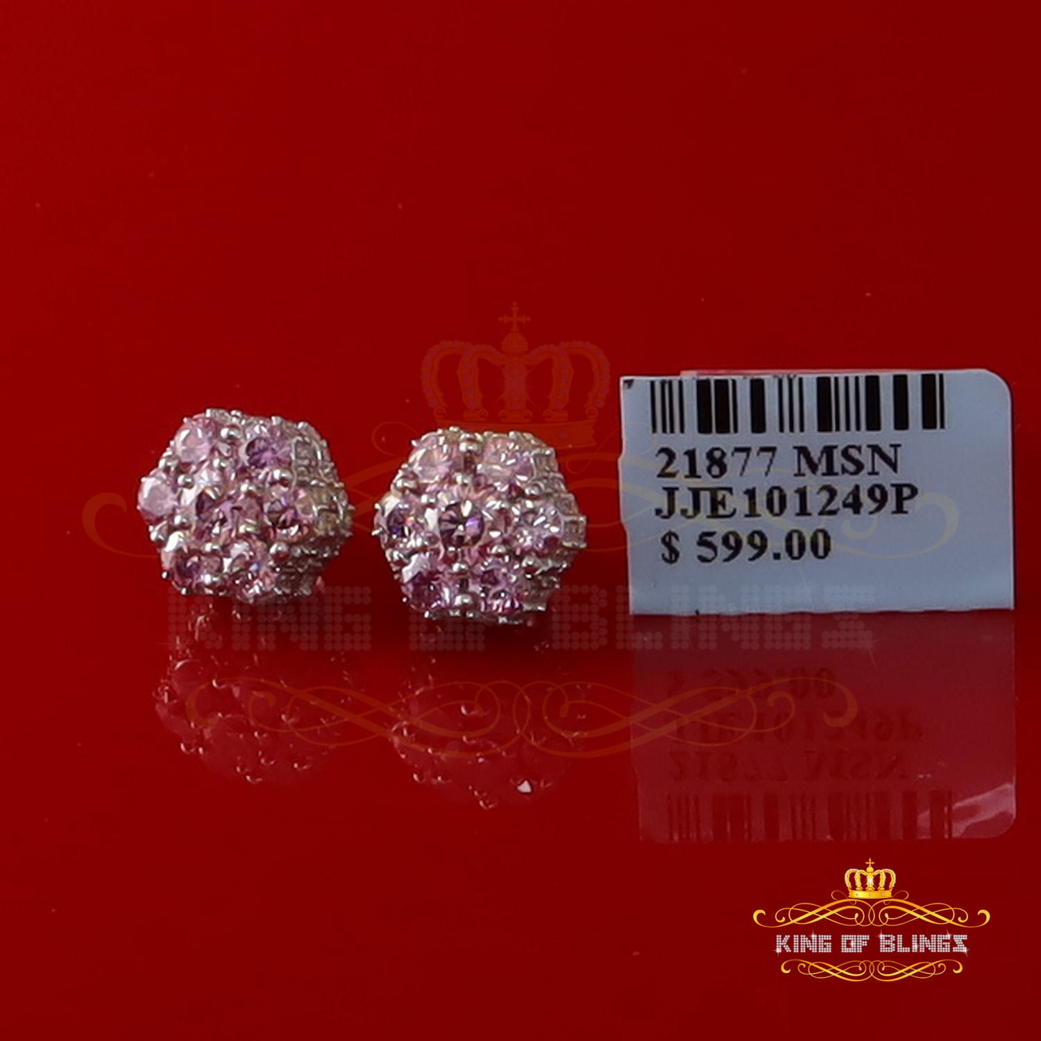 King of Bling's Men/Women's 925 Silver White 2.50ct VVS D Pink Moissanite 7 stone Stud Earrings