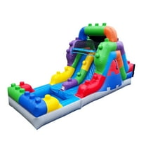 Herokiddo Block Party 12’ Tall Dual Lane Backload Inflatable Water Slide with Attached Pool, for Kids and Adults, Commercial Grade PVC Vinyl (Blower Included)