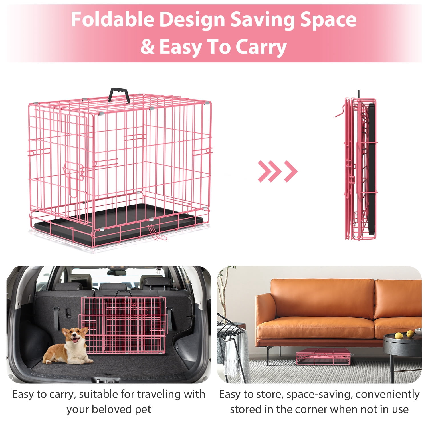 CL.HPAHKL 18 inch Small Dog Crate, Metal Wire Folding Dog Kennel Cage with Leak-Proof Pan, Portable Puppy Crate Cage for Small Dogs, Pink
