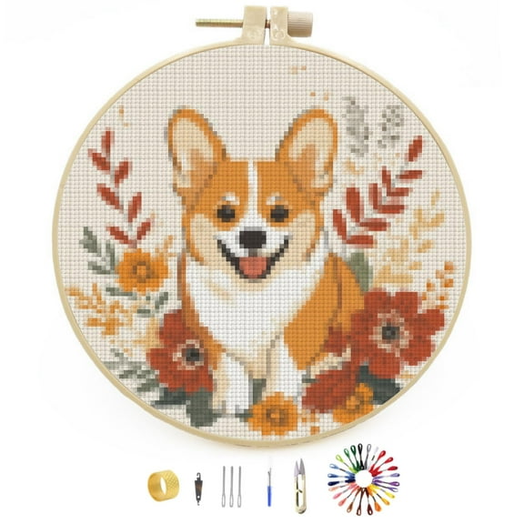DIY Stamped Cross Stitch Kits Cute Corgi Dog and Flowers Easy for Beginners with Hoop 11CT Counted Embroidery Needlepoint Crafts Arts for Handmade Enthusiasts and Home Decor 30x30cm(3)