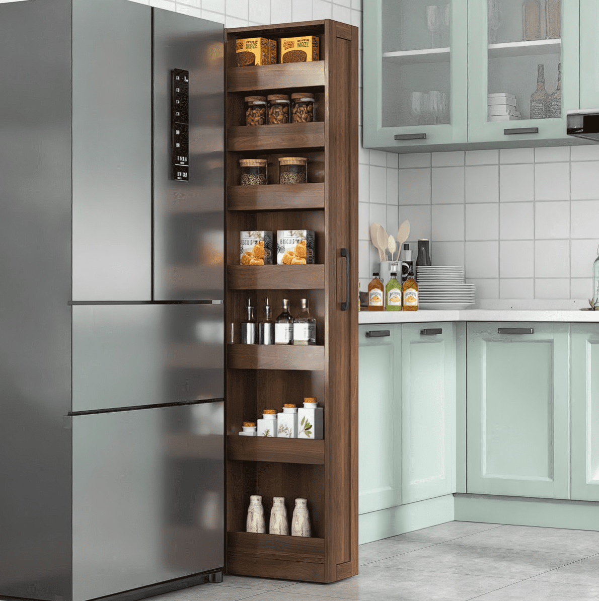 7-Tier Slim Pull-Out Storage Shelf Rolling Utility Cart for Narrow Kitchen Spaces, Walnut