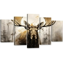 ZHONGYUTONG Moose Canvas Wall Art 5 Piece Abstract Wildlife Painting Print Vintage Elk Deer Pictures Rustic Cabin Farmhouse Wall Decor Framed (16"x24"x2 16"x32"x2 16"x40"x1)