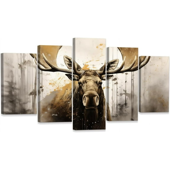 ZHONGYUTONG Moose Canvas Wall Art 5 Piece Abstract Wildlife Painting Print Vintage Elk Deer Pictures Rustic Cabin Farmhouse Wall Decor Framed (16"x24"x2 16"x32"x2 16"x40"x1)