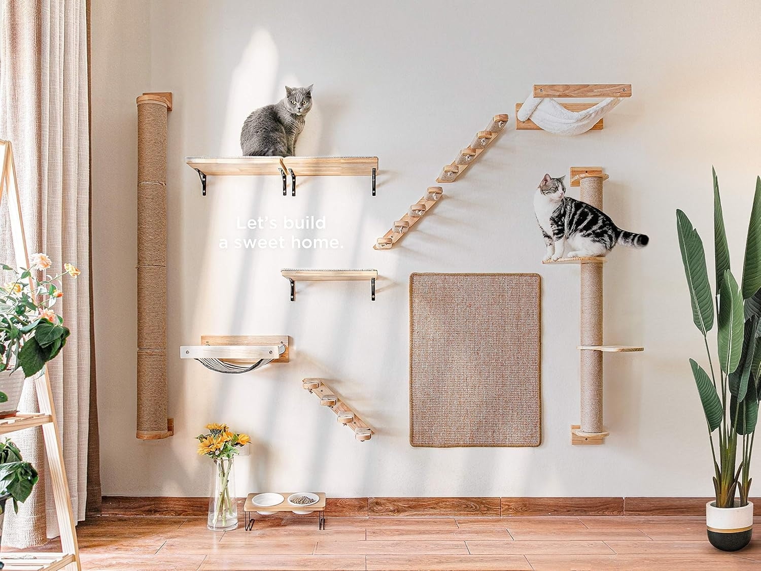 TJOUL Cat Hammock Wall Mounted, Kitty Beds and Perches, Wooden Cats Furniture, Stable Wall Shelves for Sleeping, Playing, Climbing, and Lounging