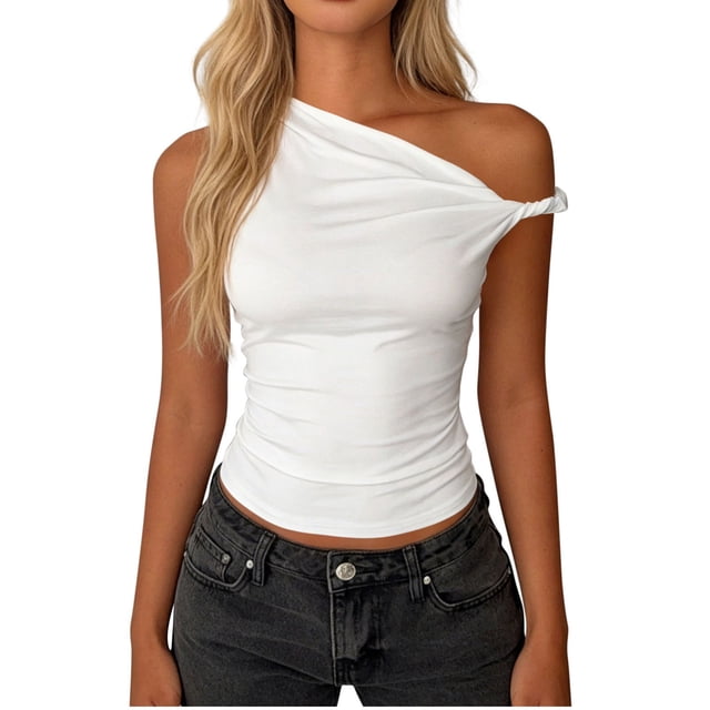 Fewfanhot Womens Spring Tops One Shoulder Ruched Crop Tank Tops Casual Off The Shoulder Summer Tanks Tops Going Out Crop Shirts