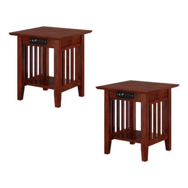 AFI Table d'Appoint en Bois Massif avec Chargeur USB Ensemble de 2 Noyer