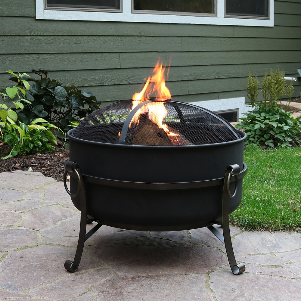 Sunnydaze 34 Inch Large Outdoor Firepit with Spark Screen, Steel Cauldron by Sunnydaze Decor