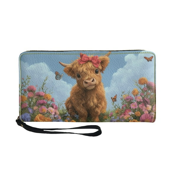 Renewold Women Wallet with Wrist Strap Zipper Closure Faux Leather Mini Wristlet Coin Bag Purse Handbag for Travel Shopping, Highland Cow Bow Blue