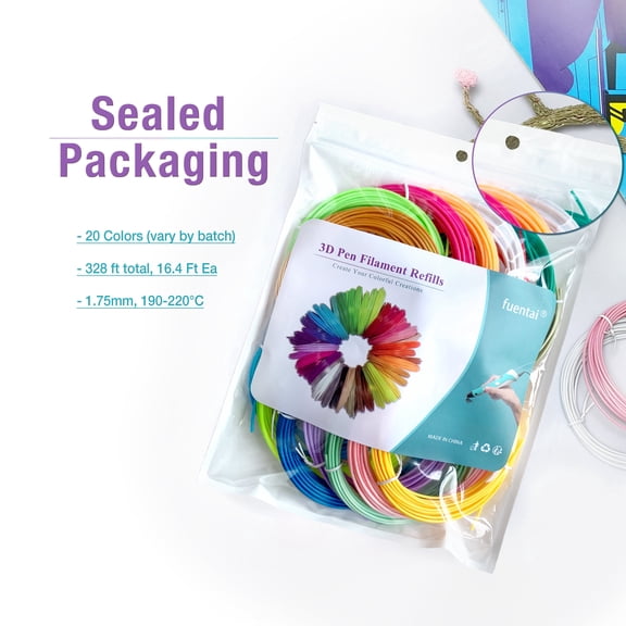 fuentai 3D Pen Printing Filament - PLA Refills for 3D Print - 20 Rolls 20 Colors, 328 Ft (16.4 Ft Ea), 1.75mm - Ideal for Art, Crafts, Doodle to Create - Great Birthday and Christmas Gifts for Kids