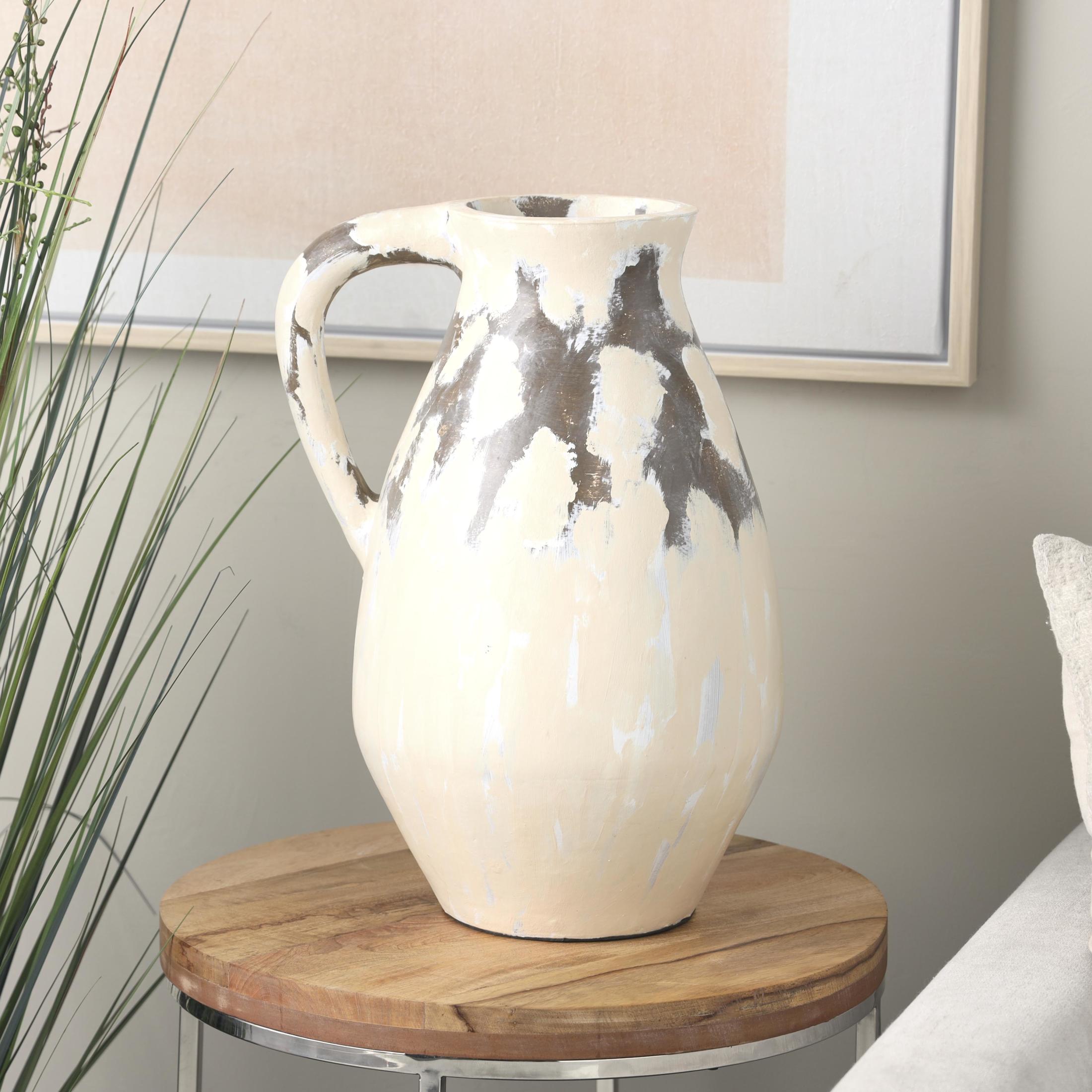 DecMode 19" Antique Style Pot Cream Ceramic Vase with Curved Handle