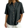 thumbnail image 4 of Zpanxa Womens Button Down Shirt Band Collar Short Sleeve Loose Fit Casual Solid Color Blouses for Summer, 4 of 8