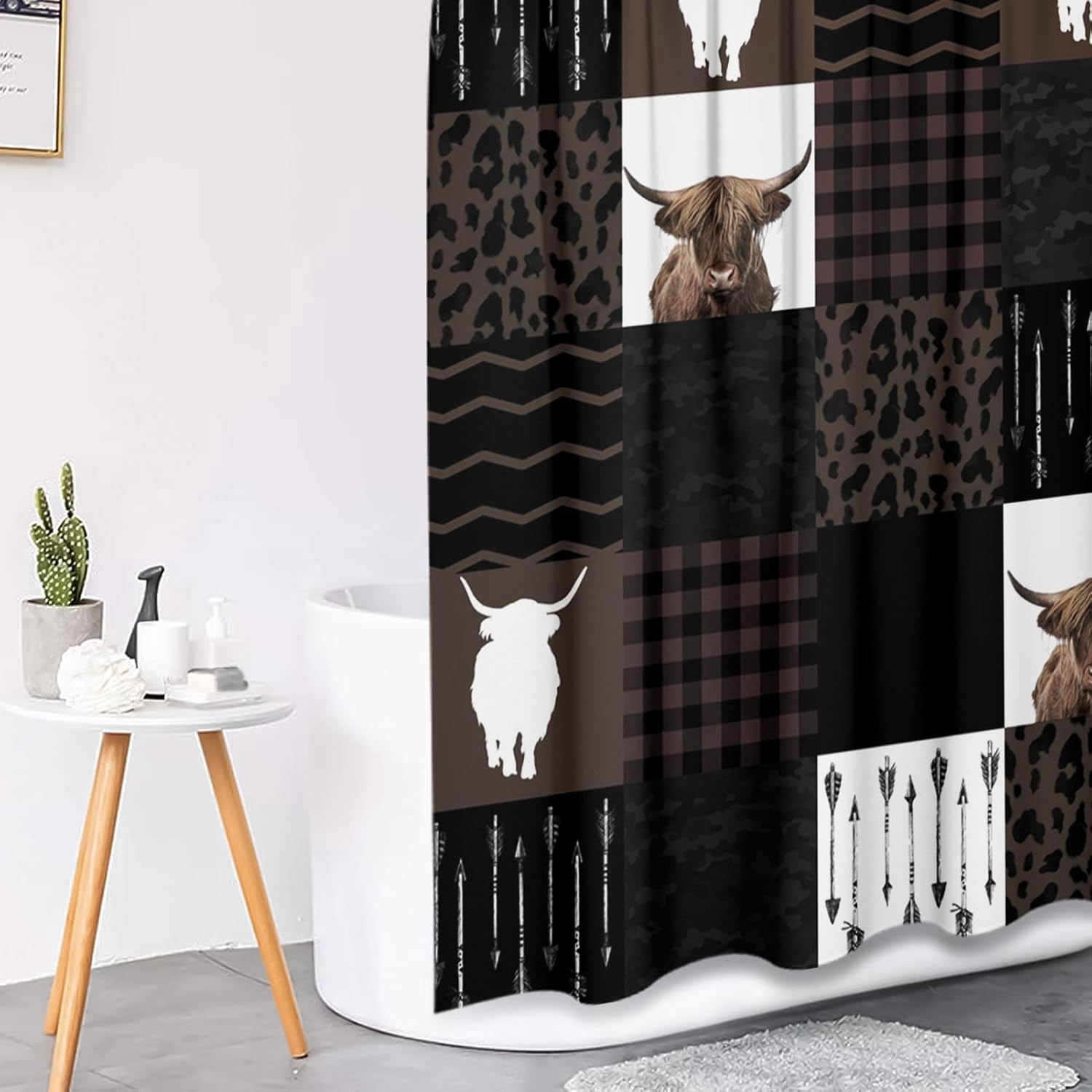 Highland Cow Sunflower Leopard Vintage Shower Curtain Sets with Toilet Lid Cover and Non-Slip Rugs, 4 Pcs Shower Curtain with 12 Hooks, Farmhouse Bathroom Set with Rugs and Accessories