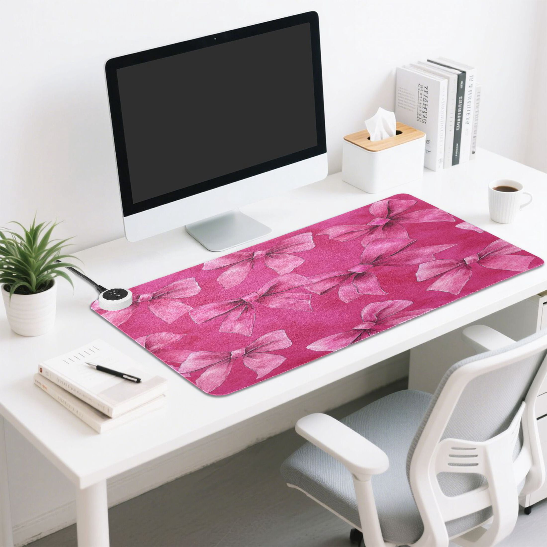 Large Heated Desk Mat Mouse Pad 31.5"x13"PU Leather Graphene Heating Desk Warmer with 3 Temperature Settings 110V US Plug Non-Slip Warm Pad for Home, Office, and Gaming Watercolor Beautiful Pink Bows