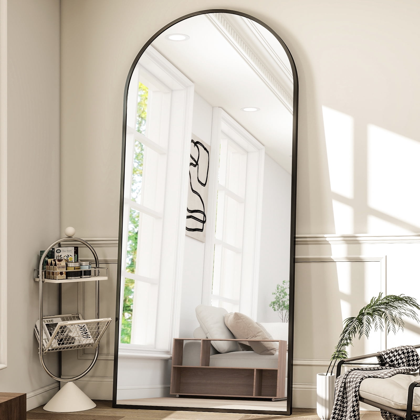 Easy4Home 76"x 34" Arch-Top Oversized Full Length Mirror Metal Frame Freestading Floor Mirror, Black