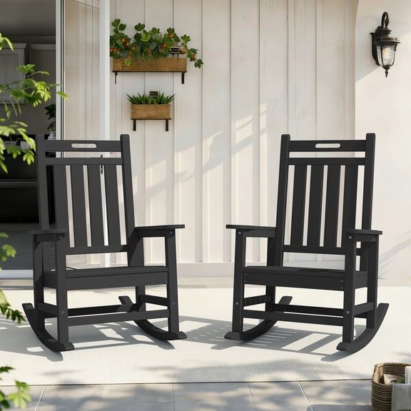 LOYALICE 2PC HDPE Outdoor Rocking Chair for Porch Patio, All-Weather High Back Rocker with Wood-Grain Texture, Heavy-Duty Deck Garden Seating, Fade-Resistant & Easy to Clean,Black