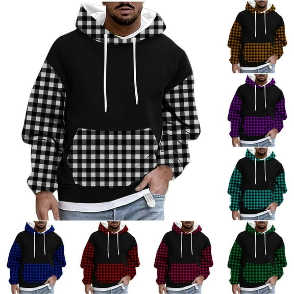 Momasggi Fleece Hoodies for Men Trendy Plaid Color Block Pullover Tops Long Sleeve Drawstring Hooded Sweatshirt Big and Tall Hoodie with Pockets Yellow 4XL